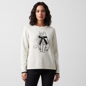 Anthropologie On 12th Double Knit Cat Novelty graphic sweater Rhinestone & Bow L